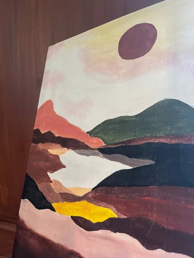 Handmade Sunset Landscape Painting on Canvas | Mountain & Lake Art