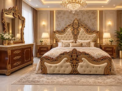 Luxury Royal Master Bed Set with 2 Side Tables & Dressing Table
