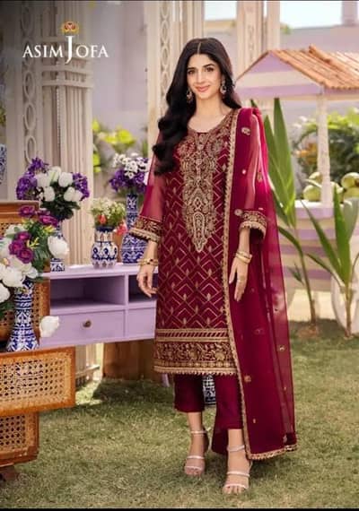 Asim Jofa Maroon Embroidered 3-Piece Suit