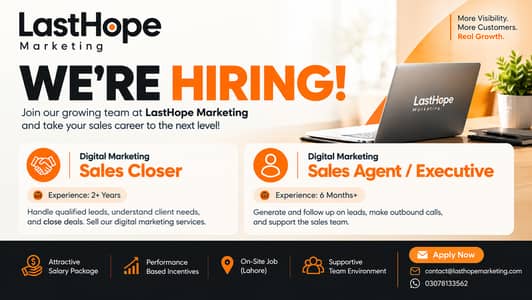 Hiring Digital Marketing Sales Closer & Sales Agent – Lahore