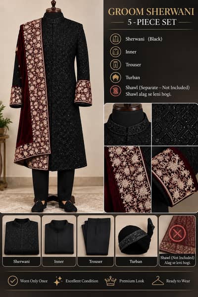 Title: Black Groom Wedding Sherwani 5 Piece Set – Large Size