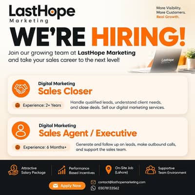 Hiring Digital Marketing Sales Closer & Sales Agent – Lahore
