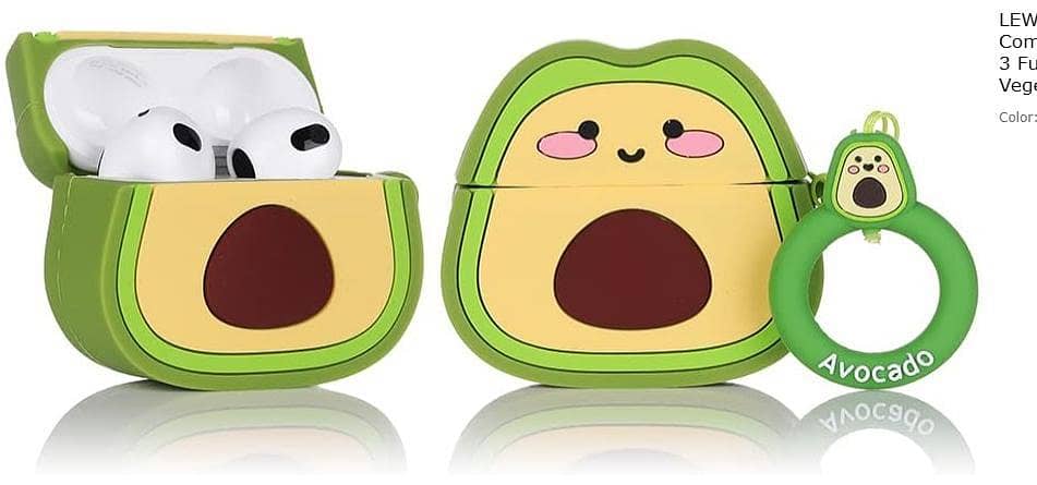 3D Cute Cartoon Avocado Silicone Case Cover for Wireless Earbuds - Protective Soft Shockproof Case with Finger Ring Strap D R5994