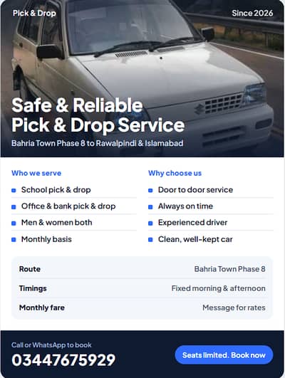 Safe Pick & Drop Bahria Town to Rawalpindi/Islamabad