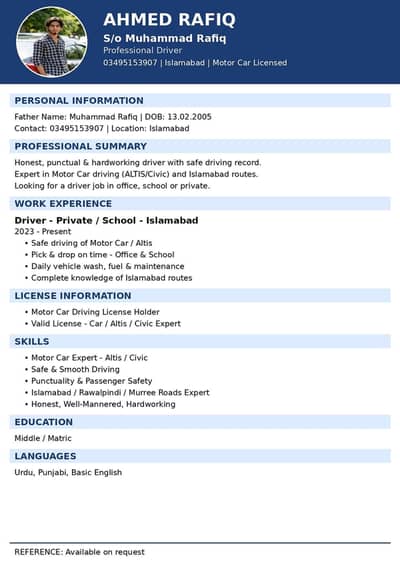 Professional Driver Available - Motor Car License -Islamabad