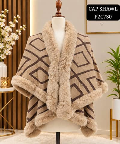 Ladies Luxury Fur Cap Shawl – Winter Warm & Stylish Wrap