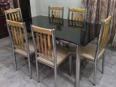6 Seater Dining Table Set with Heavy Glass Top – 6 Chairs