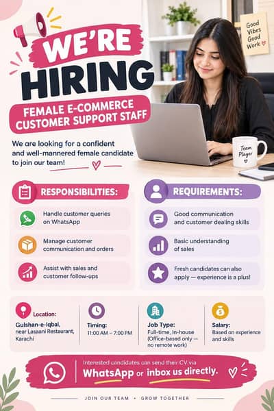 **WE’RE HIRING – FEMALE E-COMMERCE CUSTOMER SUPPORT STAFF**