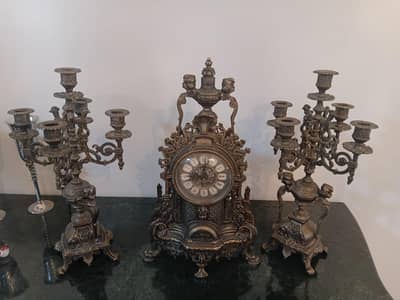Antique Clock and two candle stands
