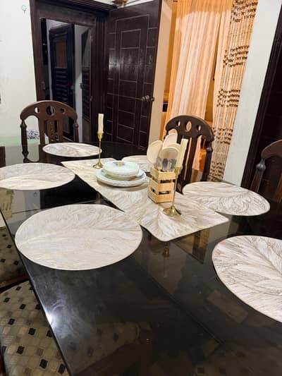 6 Seater Glass Top Wooden Dining Table Set for Sale