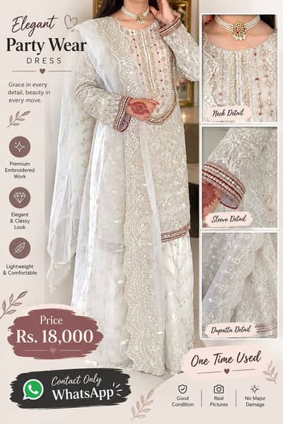 Elegant White Embroidered Party Wear Dress – One Time Used