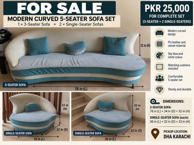 Blue & White Curved 5-Seater Sofa Set for Sale | 3+1+1
