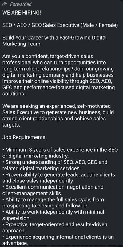 We are hiring male / female sales professionals for seo agency