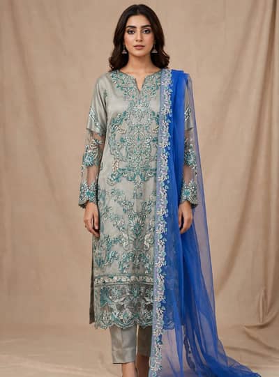 Silver Grey & Royal Blue Heavy Embroidered Festive 3Pc