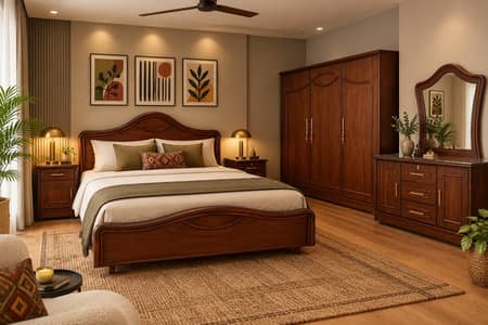 Sheesham wood Bed Set with Side tables, Dressng Table, 3 Door wardrobe