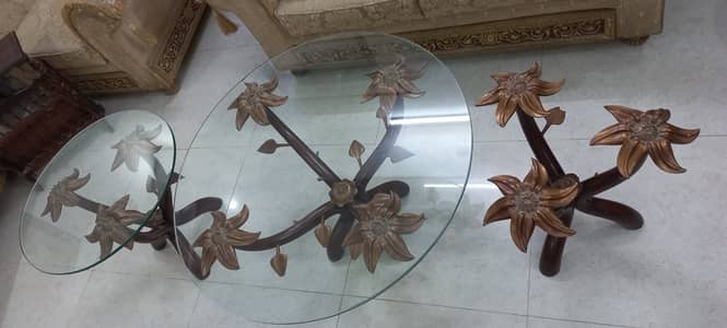 Carved Wooden & Glass Coffee Table Set + 3 Modern chairs