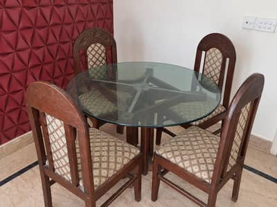 Glass-Top Dining Table with 4 Wooden Chairs