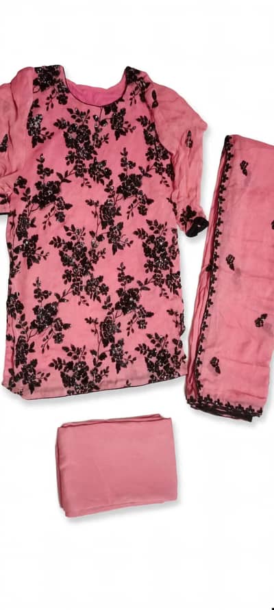 tea pink color 3 pics suit chiffon embroidered medium party were