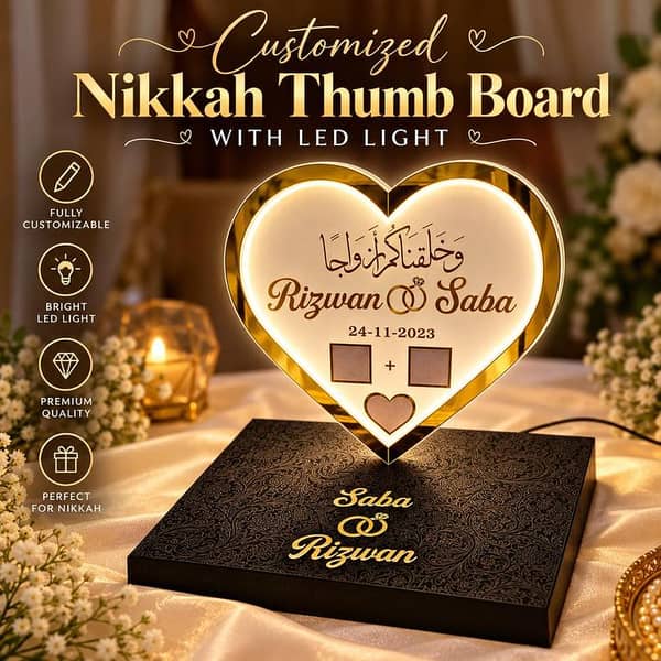 Customized Nikkah Thumb Board with LED Light | Personalized Wedding Fingerprint Heart Frame | Couple Name & Date Decoration