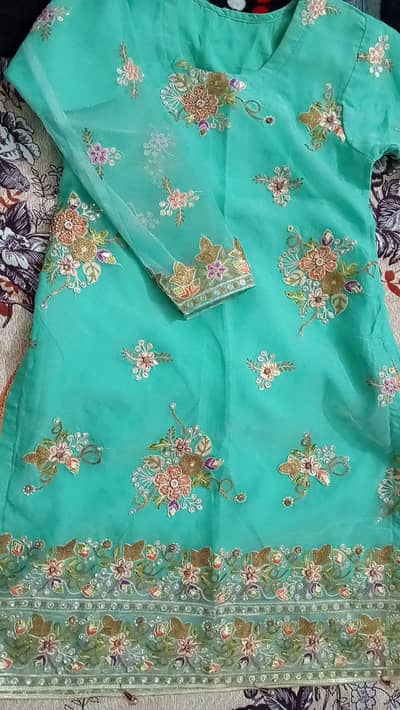 Beautiful Turquoise/ Aqua Green Embroidered Suit with Banarsi Shalwar