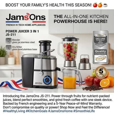 Transform Your Kitchen with the JamsOns 3-in-1 Power Juicer & Blender!