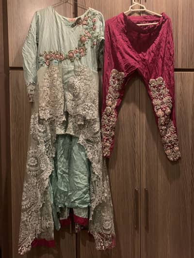 Fancy Heavy Embroided Mint Green Net Maxi and Magenta Trouser - 2 Pc