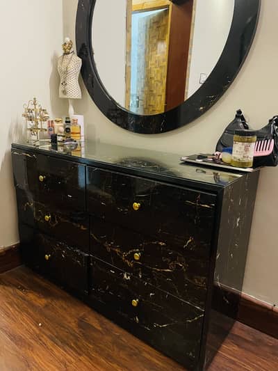 Black marble dressing+2 side tables+Round mirror