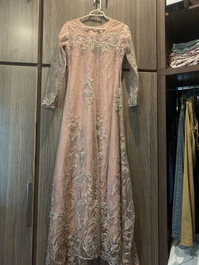 Designer Fancy Tea Rose Pink Heavy Long Length Embroidered Net Maxi
