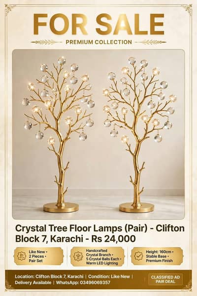 pair of crystal tree branch floor lamp-golden