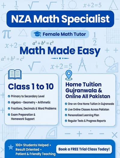NZA Math Specialist- Female Math Tutor class 1 to 10