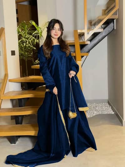 Royal Blue Farshi Shalwar - Katan Silk 3pc Stitched - New Arrival