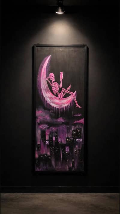 Neon Pink Crescent Moon & Skeleton Cityscape