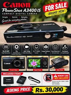 Canon PowerShot A3400 IS | 16MP | 5X Optical Zoom | Complete Set