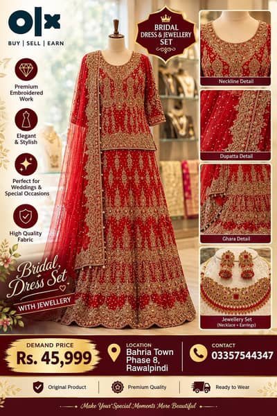 Red Bridal Lehenga Dress with Golden Embroidery & Jewellery Set