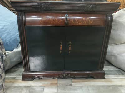 Wooden Side Table with Drawer – Inlay Work, Glass Top
