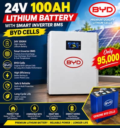 BYD 24V 100Ah Lithium Battery with Smart Inverter BMS | 95,000