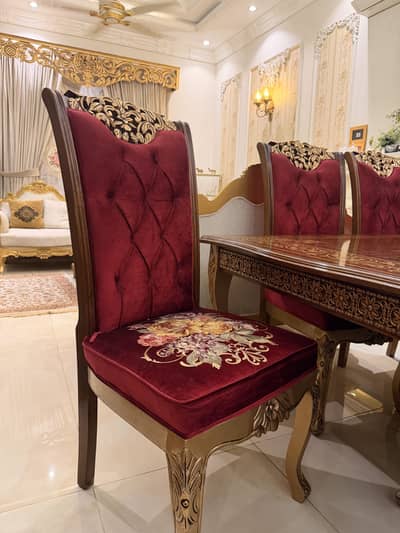 Luxury Wooden Dining Table Set with 6 Red Velvet Chairs