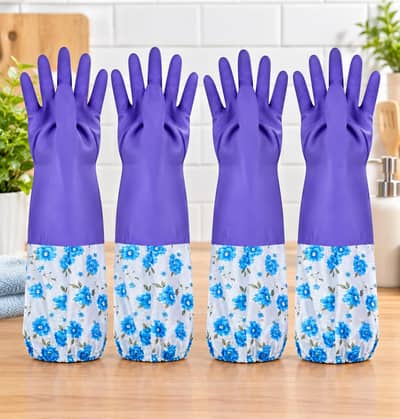 Long Rubber Cleaning Gloves with Floral Printed Cuffs