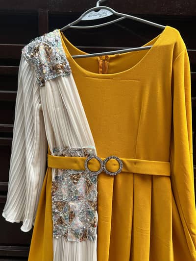mustard Turkish style party wear maxi with belt-Medium