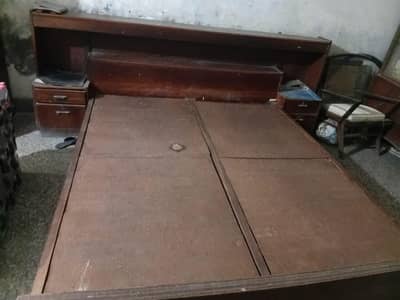Wooden Double Bed with Attached Side Tables