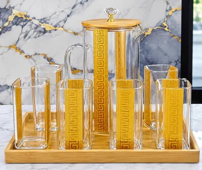 Luxury Golden Jug Set with 6 Glasses & Wooden Tray Price: Rs. 3,600