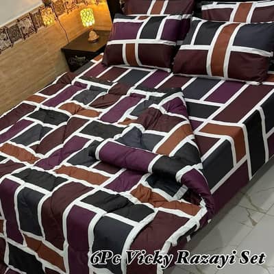 6 Pcs Vicky Razayi Set Double Bed - Maroon Block Design - New Stock