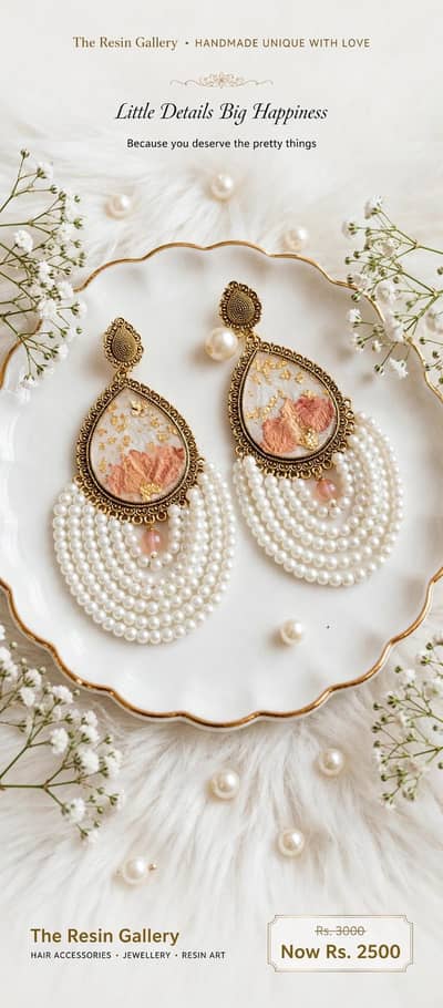 Handmade flora resin pearl jhumka ,The Resin Gallery,Rs 2500