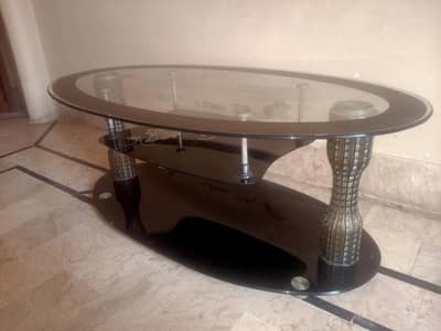 Elegant Oval Glass Coffee Table with Decorative Silver Pillars