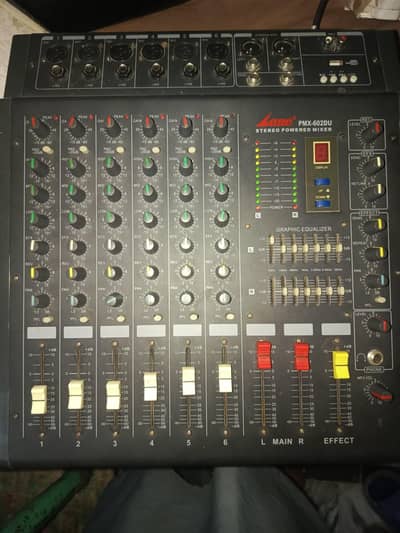 sound system pmx 602d mixer and 2 speaker 12"