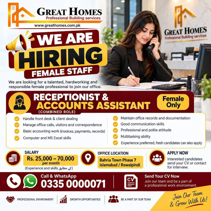 Female Receptionist Job || Female Accounts Job || Female Office Job ...