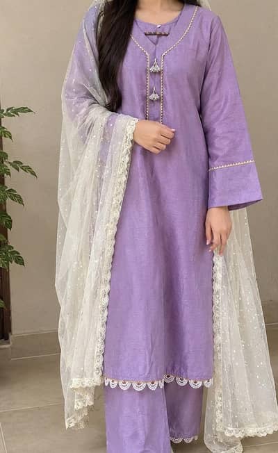 3-pcs lilac dress raw silk with net dupata.