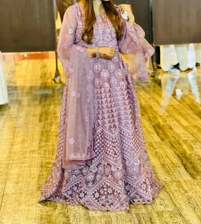 "Lavender Net Embroidered Long Maxi - Party Wear - Excellent Condition