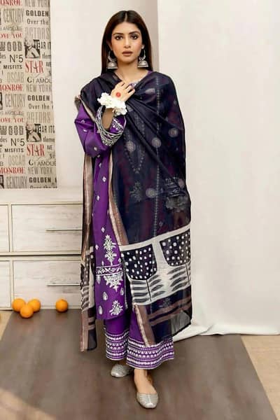 purple embroidered 3-piece lawn suit for women's