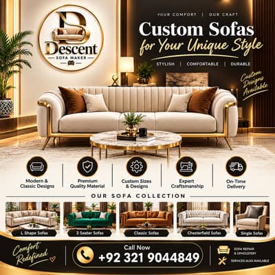 Custom Sofa Maker in Lahore | L Shape, 3 Seater, Chesterfield & Sofa R